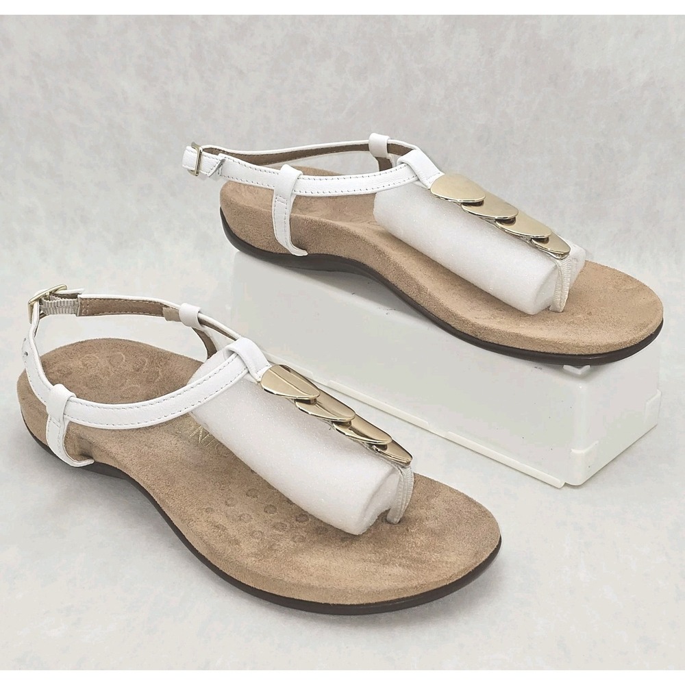 EUC VIONIC Miami Sandals White T Strap w Gold Accents Arch Support Sz 7.5 - Picture 3 of 10